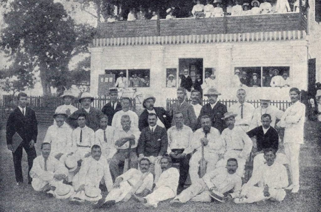 Old crocks of the Colts C.C. at the opening of the Khan pavilion at the Racquet Court in 1905